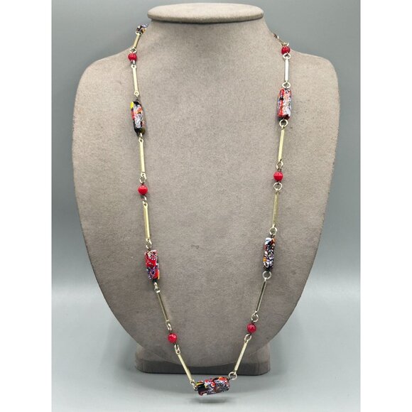 Vintage Red Millefiori Murano Glass Necklace Station Beads & Gold Tone Links - Picture 6 of 6